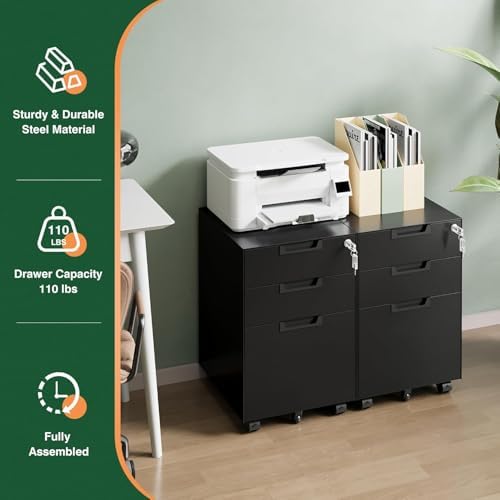 Letaya 3 Drawer Mobile File Cabinet with Lock,Under Desk Metal Small Filing Cabinets for Home Office Organizer Letters/Legal/A4(Fully Assembled Except Wheels-Black) - Image 5