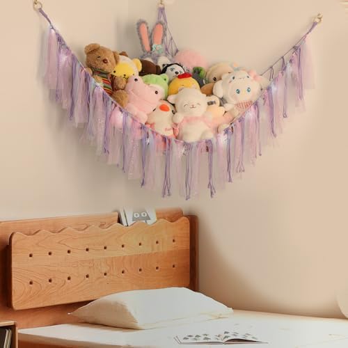 Stuffed Animal Hammock with LED Lights - 59 Inch Large Toy Storage Net for Kids Bedroom, Wall-Mounted Plush Organizer with Wooden Rings, Nursery Decor (Handwoven, Purple) - Image 6