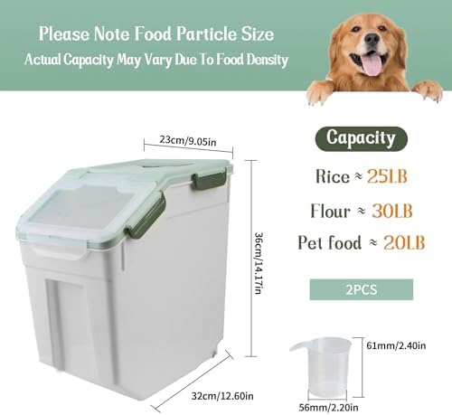 Large Flour Storage Container Bin 25lb, 2Pack Airtight Rice Storage Containers with Wheels Seal Locking Lid, BPA Free with Measuring Cup&Scoop for Flour, Rice, Grain(Green) - Image 2