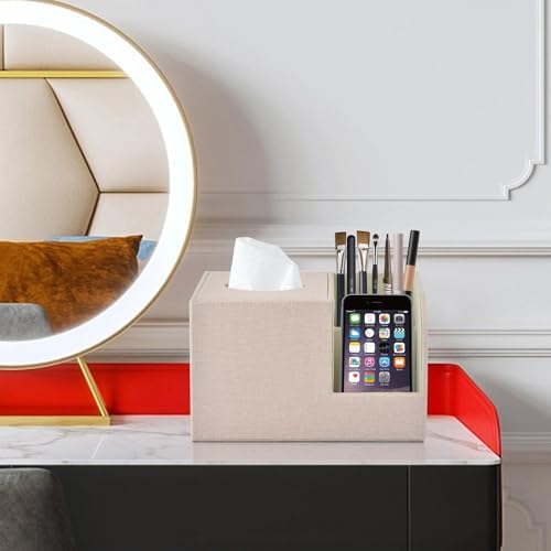 PU Leather Square Tissue Box Cover,Multifunctional Tissue Box Holder,Tissue Box with Storage,Tissue and Remote Control Holder,Tissue Box Decorative Desk Organizer for Home&Office,Beige - Image 2