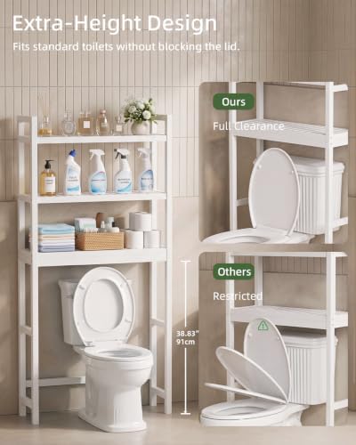 SMIBUY Bathroom Storage Shelf, Bamboo Over-The-Toilet Organizer Rack, Freestanding Toilet Space Saver with 3-Tier Adjustable Shelves (White) - Image 5