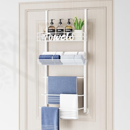 SWTYMIKI Over the Door Towel Racks for Bathroom - 5-Tier Wall Mounted Bathroom Towel Storage Organizer Holder with Metal Shelf, White by SwtyMiki-TidyHomeSweetLife