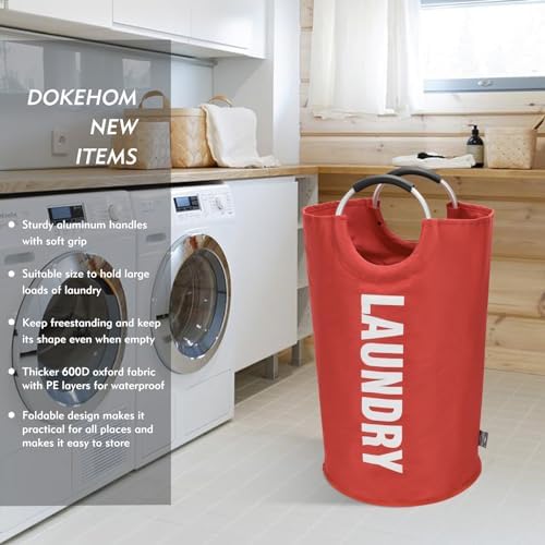 DOKEHOM 95L Large Laundry Basket, Collapsible Laundry Bag, Freestanding Tall Clothes Hamper, Foldable Washing Bin (Red) - Image 2