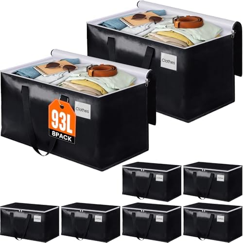 Heavy Duty Moving Bags, Extra Large Storage Bags, 93L, 8-Pack, Black by BlissTotes
