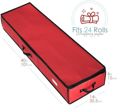 Hearth & Harbor Wrapping Paper Storage Container - Christmas Storage Bag with Interior Pockets - Gift Wrap Organizer Fits Up to 22 Rolls of 40" - Tear Proof, Red - Image 6