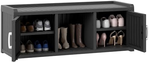 2-Tier Storage Bench, Waterproof UV-Resistant Outdoor Shoe Storage Cabinet with 2 Doors & Adjustable Shelves for Indoor Outdoor Entryway, Hallway, Living Room(Black) by NBYSGO