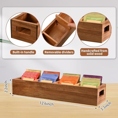 Acacia Wood Tea Bag Organizer with 4 Slots – Tea Bag Holder and Tea Organizer, Sugar Packet Storage for Countertops - Image 3
