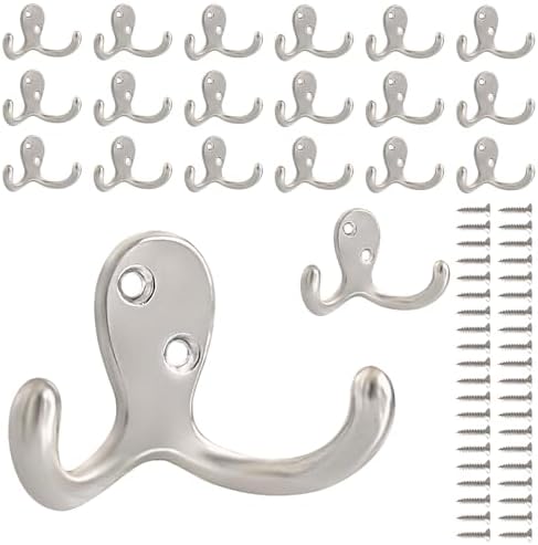 20 Pack Coat Hooks Wall Hooks for Hanging, Heavy Duty Double Prong Metal Hook Wall Mounted for Living Room, Bathroom, Kitchen, Bedroom for Coat, Bag, Scarf, Towel, Hat, Key, Cup (Silver) by CBWLWJ