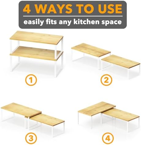 SpaceAid Cabinet Shelf Organizers 2 Pack, Kitchen Counter Rack Shelves Riser, Stackable Expandable Spice Rack, Pantry Cupboard Storage Organization (White and Natural, Long) - Image 6