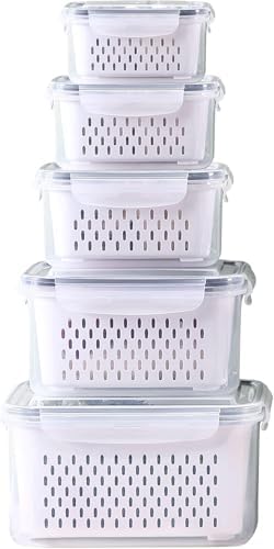 Large Fridge Food Storage Container Set with Lids with Strainer, Fruit Vegetable Storage Containers Keep Fruits, Vegetables, Berry, Meat Fresh longer, BPA-Free Plastic Produce Keepers by Ronanemon