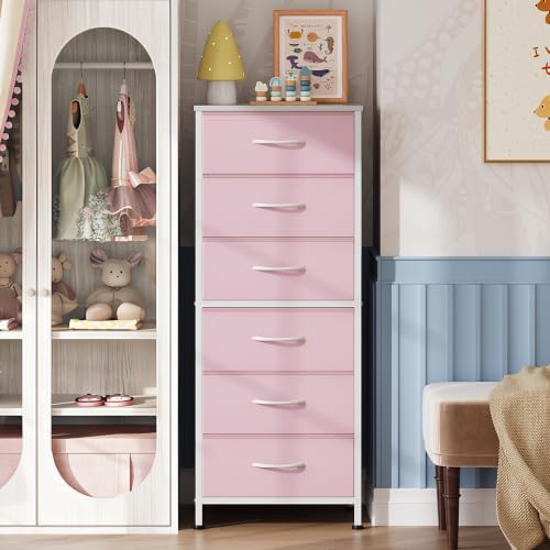 WLIVE Fabric Dresser for Bedroom, 6 Drawer Dressers Chest of Drawers, Pink - Image 4