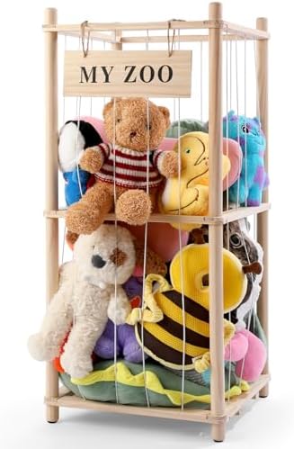 GLDZI Stuffed Animal Storage Zoo, Wooden Stuffed Animal Organizer with Elastic Cords for Boys Girls, Space Saving Toy Plushies Storage Holder for Playroom, Bedroom, Living Room (Burlywood, Small) by GLDZI