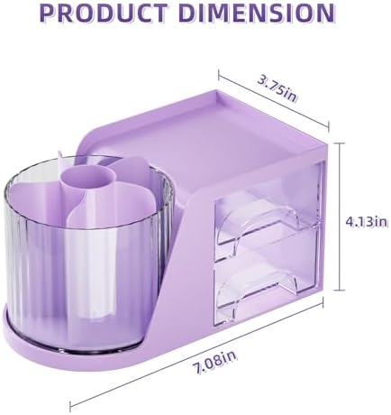 Marbrasse Desk Organizer with 2 Drawer, 360°Rotating Pen Holder, Desk Organizers and Accessories with 6 Slots Pencil Holder + 2 Drawer, Art Supply Storage Box Caddy for Office (Purple) - Image 3