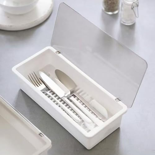 White Flatware Tray Kitchen Drawer Organizer With Lid And Drainer - Plastic Kitchen Cutlery Tray and Utensil Storage Container with Cover - 11.0 Inch Silverware Holder Drawer Organizer - Image 3