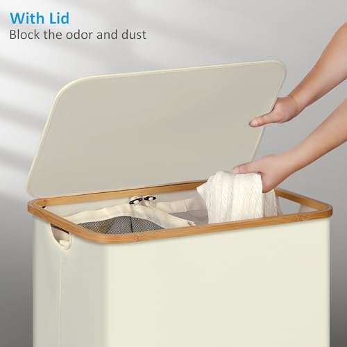 efluky Double Laundry Hamper with Lid and Removable Bags, 160L Beige - Image 2