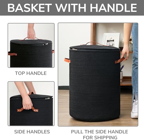 CHICVITA Large Woven Laundry Basket with Lid & Leather Handles, 60L, Black - Image 5