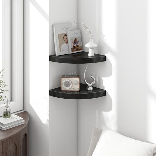 Fun Memories Floating Corner Shelves Set of 2 - Rustic Wood Wall Mounted Storage and Display Shelves for Living Room, Bedroom, Kitchen, Bathroom - Space Saving Home Decor, Black - Image 2