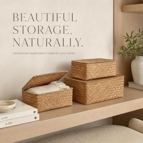 Decorative Wicker Storage Boxes with Lids - Set of 3 Seagrass Organizers - Image 3