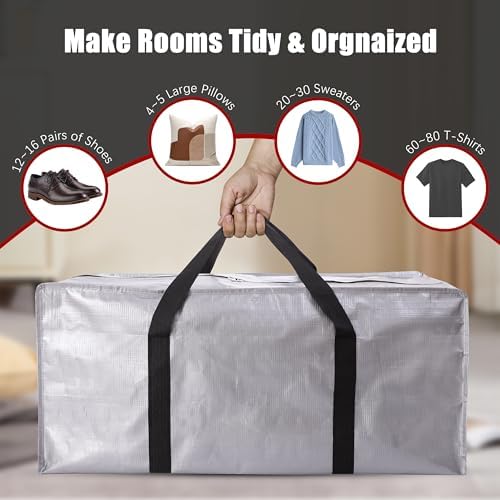 PANDA JOYS Extra Large Moving Bags with Zippers & Carrying Handles, Heavy-Duty Storage Tote for Space Saving Moving Storage, Fold Flat, Alternative to Box and Bin - 8 Pack, Silver - Image 4