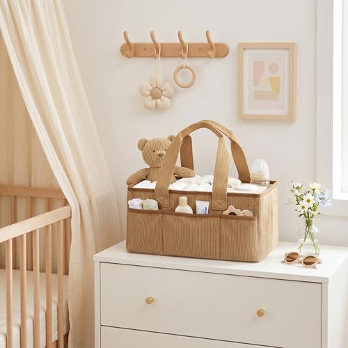 Baby Diaper Caddy Organizer with Portable Changing Mat-Portable Baby Organizers and Storage, Gift for Baby Shower, Corduroy Baby Essentials Organizer with Removable Dividers (Brown) - Image 4