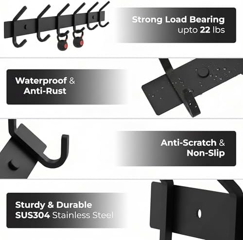 Coat Rack Wall Mount – 17 Inch Stainless Steel Hook Rail with 6 Double Coat Hooks for Hanging – Wall Mounted Entryway Organizer for Coats, Hats, Bags, Towels, Robes, Bedroom or Bathroom - Black - Image 3