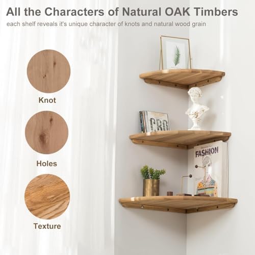 Corner Shelves, Floating Corner Shelf, Set of 2 16inch Solid Oak Wood Wall Shelves, Round End Wall Mount Display Shelf with Wire Hole for Bedroom Kitchen, Living Room (Oak, 16in 2P) - Image 4