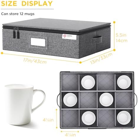 YearningHome Cup and Mug Storage Boxes with Dividers,Hard Shell Coffee Mug Organizer with Lid,Handles,Zips and Label Window for Coffee Mugs,Tea Cups,Packing and Moving,Hold 12,1 Pack, Grey - Image 2