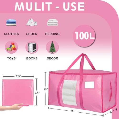 12 Pack Extra Large Moving Bags Heavy Duty 180GSM,130LBS 100L Totes with Visible Window, Zippers & Wrap-Around Handles, Waterproof Reusable, Alt to Moving Boxes, Pink - Image 2