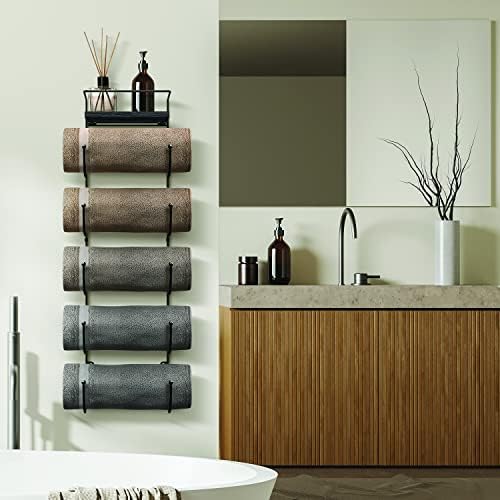 Sorbus Wall Towel Rack, 5-Tier Wood Shelf, Wall Mounted (Black) - Image 3