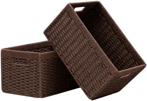 UBBCARE 2 Pack Wicker Basket, 13.4L×8.3H×7.1W inch Woven Paper Rope Storage Baskets for Shelves, Foldable Rectangular Storage Baskets with Handle, Storage Basket for Organizing, Dark Brown by UBBCARE