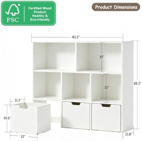 EXPERLAM Toy Storage Organizer, Wooden Kids Bookshelf and Toy Organizer with 3 Rolling Drawers, 5 Storage Cubes, Montessori Playroom Storage Cabinet, White - Image 2