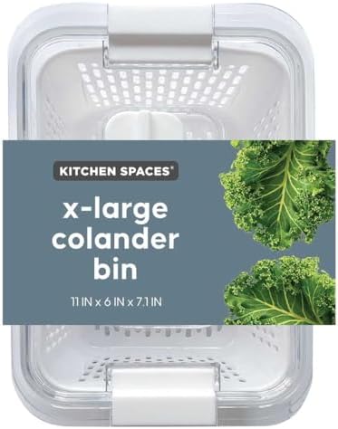 Kitchen Spaces Colander Bin, Produce Saver, Fridge Organizer With Lid, Wash, Strain and Store, Great for Refrigerator, Freezer and Pantry, X-Large, White, Pack of 1 by KitchenSpaces