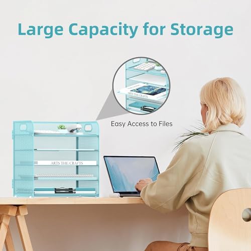SUPEASY 2 Pack 5-Tier Blue Desk Organizer with Handle Mesh Desk File/Paper Organizer Letter Tray for Office, School and Home Easy Installation - Image 4