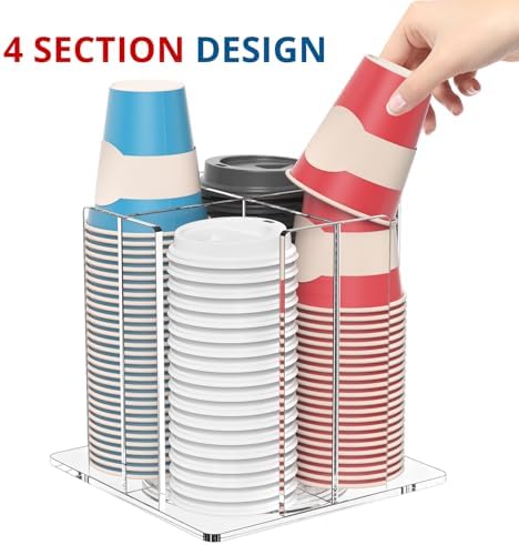 KOTEMON Cup and Lid Holder, 4 Compartment, Square | Rotating Coffee Cup Dispenser Lid Carousel for Restaurant, Buffet, Coffee Station, Bar, Countertop, Clear Acrylic - Image 3
