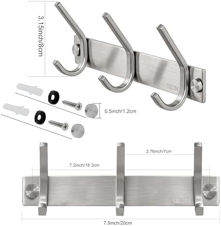 WEBI Sturdy Stainless Steel 304 Hook Rail Coat Rack with 3 Hooks, Great Home Storage & Organization for Bedroom, Bathroom, Foyer, Hallway, Brushed Finish - Image 3