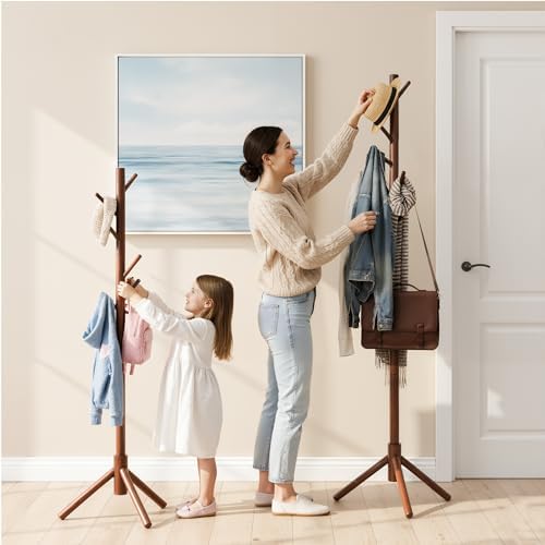 Wooden Coat Rack Freestanding with 8 Hooks & 3 Adjustable Sizes for Clothes, Space-Saving Design for Bedroom Office Entrance Holds Hats Coats Scarves Bags - Image 6