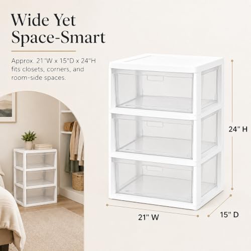 3 Drawer Storage Organizer, 3-Tier Wide Clear Plastic Drawer Storage(White) - Image 2