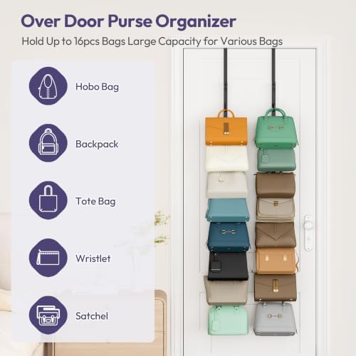 SWTYMIKI Over the Door Purse Organizer - 2 Packs Wall Mounted Purse Rack with 8 Hooks Design, Hanging Handbag Organizer Storage Holds up to 16 Bags, Bag Rack for Closet, Door (Black) - Image 3