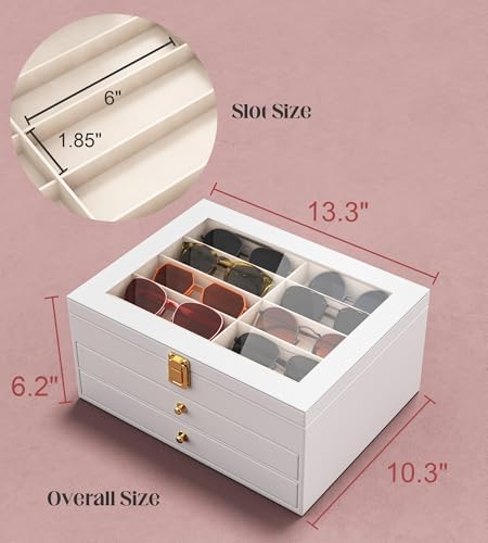 Sunglasses Organizer Storage Box - 30 Slots Eyeglass Display Case for Multiple Pair Glasses, 3-Layer Holder with Clear Glass Lid, Jewelry and Watch Collection Box for Women and Men, White - Image 7