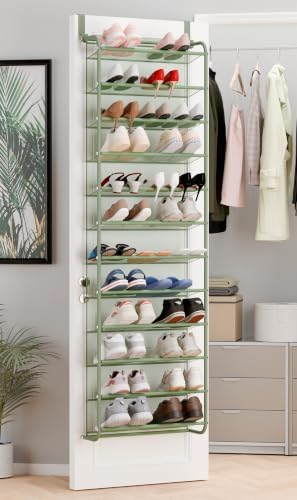 Whitmor 36 Pair Over the Door Shoe Rack,12 Tier Hanging Shoe Organizer with Metal Frame & Mesh shelves, Heavy Duty Shoe Storage Holder for Door,No Drill Installation, 74" H x 21.7" W x 7.5" D, Green by Whitmor