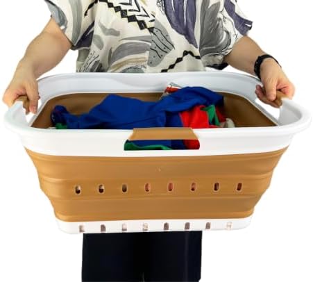 SAMMART 42L (11 gallon) Collapsible Plastic Laundry Basket - Foldable Pop Up Storage Container/Organizer - Space Saving Hamper/Basket (1, White/Honey Brown) - Image 5
