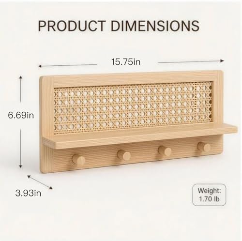 Rattan Wall Shelf with 4 Hooks, Entryway Key Holder & Coat Rack Wall Mount - Image 3