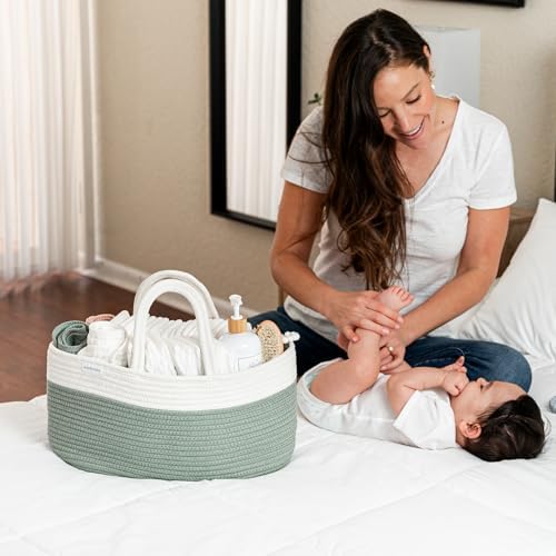 Comfy Cubs Rope Diaper Caddy Organizer - Large Baby Diaper Basket Sage - Image 2