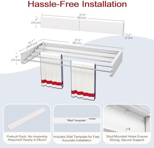 Wall Mounted Drying Rack 31.5", Foldable Laundry Drying Rack with Stainless Steel Rods, Retractable Laundry Space Saver for Indoor & Outdoor Use, Include Wall Template - Image 6