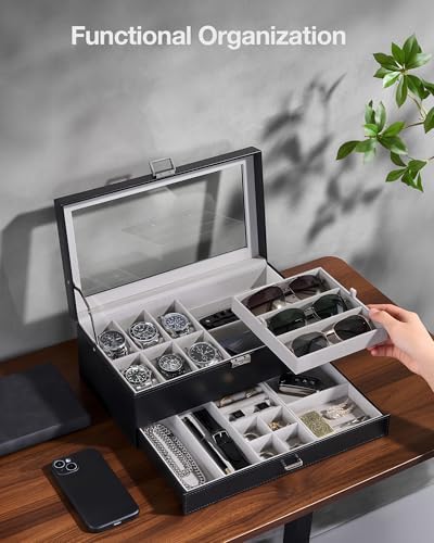 ProCase Mens Jewelry Box, 6 Slot Watch Box & 3 Slot Sunglass Holder -Black - Image 3