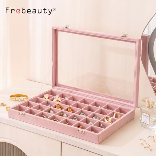 Frebeauty 35 Grid Earring Organizer,Velvet Jewelry Tray with Clear Lid - Image 2