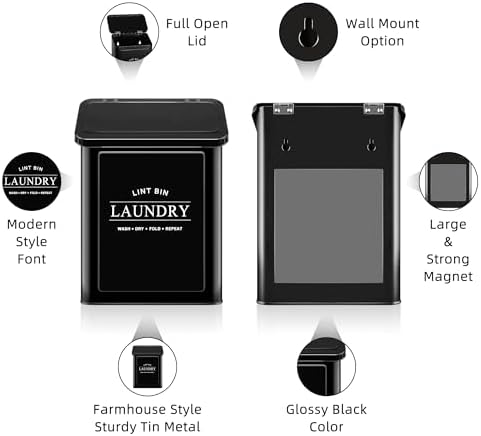 Magnetic Lint Bin for Laundry Room, Metal Lint Trash Can with Lid and Brush, Wall Mounted Lint Box for Dryer, Farmhouse Laundry Room Decor, Black - Image 2