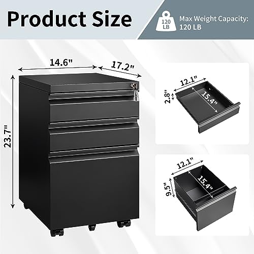 Approgreent 3 Drawer File Cabinet for Home Office, Under Desk Mobile Filing Cabinet with Lock for A4-Size/Letter-Size/Legal-Size, Black (HSEJ-3D) - Image 3
