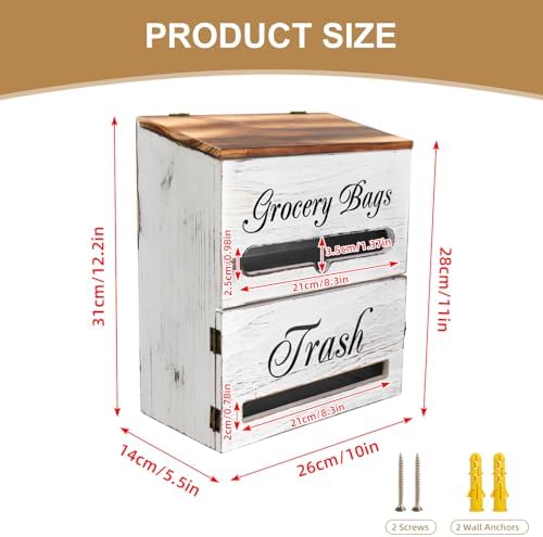 2 in 1 Trash Bag Dispenser, Double Wall Mounted,Wood Trash Bag Holder, used in kitchen, garage, laundry room, can store Environmentally friendly food bags (Vintage/Large(10inch*5.5inch*12.2inch）) - Image 2