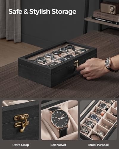 SONGMICS 12-Slot Wooden Watch Box, Display Case with Large Glass Lid - Image 3